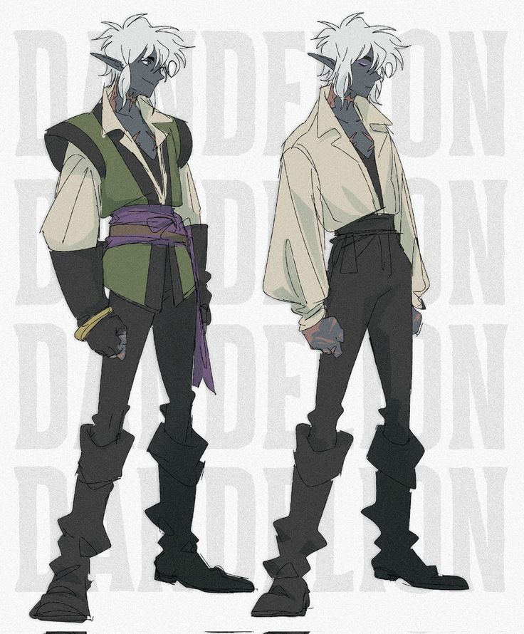 the image showcases two variations of a character design, possibly concept art for a game or animation.  the character is a darkskinned elf with grey hair and pointed ears. he is depicted in two different outfits. the first outfit includes a dark green jacket over a dark shirt, purple sash, and dark pants with high boots. the second outfit features a light beige longsleeved shirt, dark pants, and similarly styled high boots. both outfits maintain a medieval/renaissance inspired aesthetic with a slightly pirateesque flair to the boots.  the background features repeated text ("dandelion"), likely for watermark or placeholder purposes. the art style is clean with a slightly rough sketchlike quality, suggestive of a work in progress.