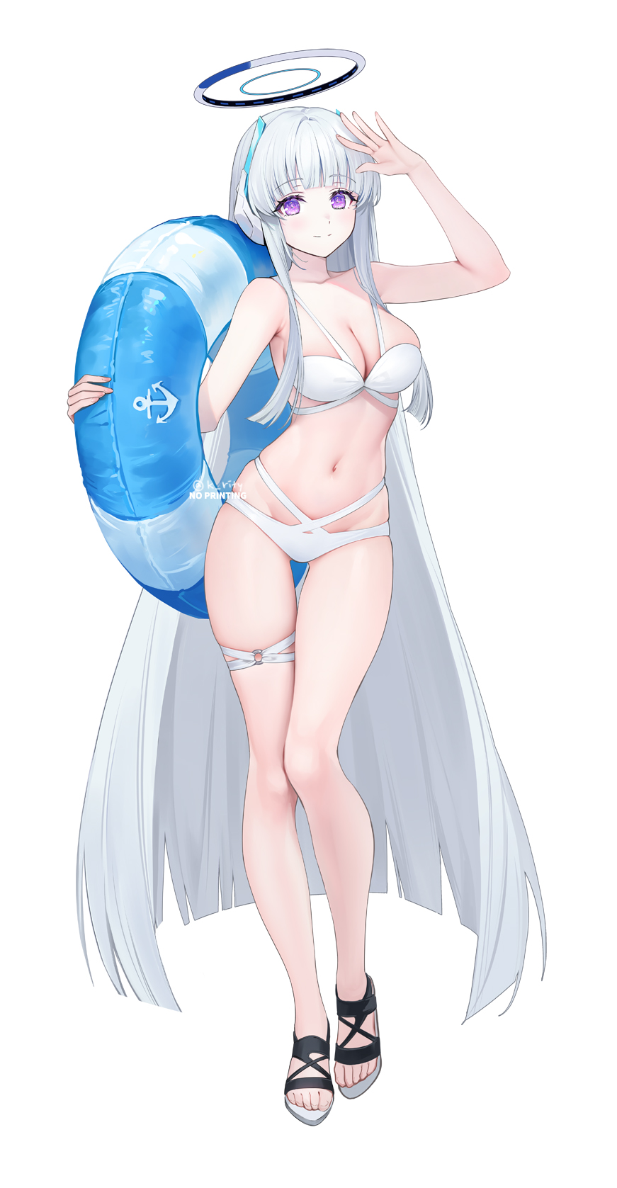 a whitehaired, purpleeyed anime girl in a white bikini, holding a blue swim ring and shielding her eyes from the sun. she has a halo above her head, suggesting she's an angel. the background is white, emphasizing the character.