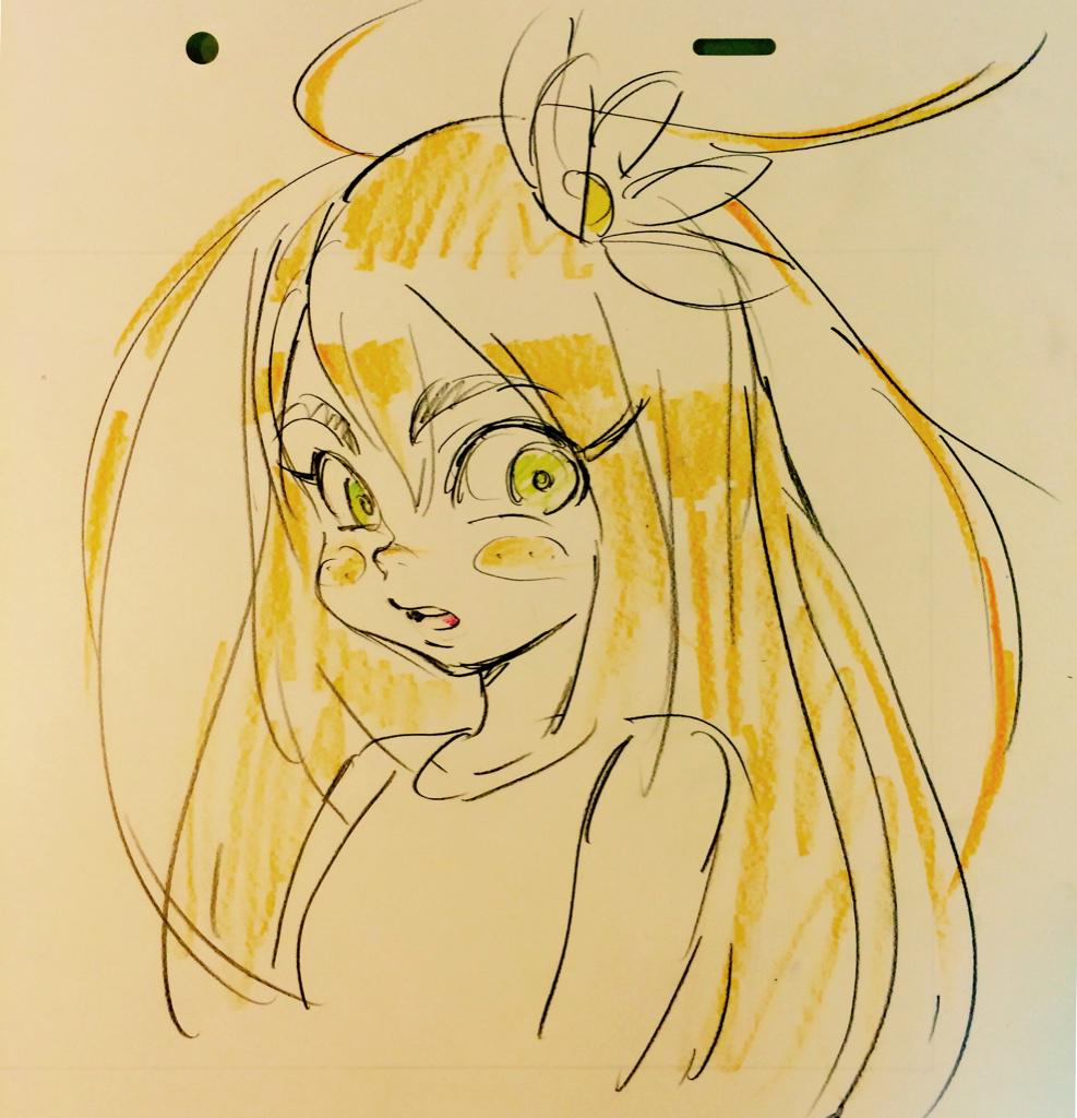 a scannedin sketch on offwhite paper of an anime girl with big green eyes and long, yellow hair with a single white flower. she has a surprised expression. the sketch is drawn with black and yellow pencil crayon. there are two registration marks at the top of the page.