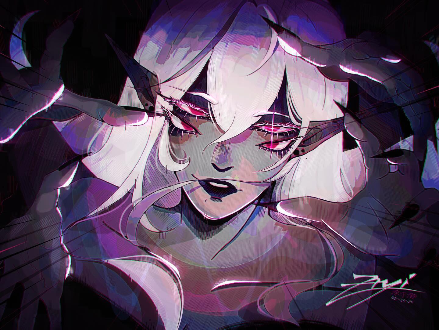 the image is a digital painting of a stylized female elflike character. she has long, white hair that flows around her face,  bright pink and red glowing eyes, and pointed ears. her expression is intense and somewhat mysterious. she is depicted with her hands raised, as if in a gesture of power or perhaps distress.  the art style is painterly and abstract; strong lines and vibrant colors are used.  a glitch or distortion effect is visible throughout the image, contributing to its surreal and otherworldly atmosphere. the background is dark, making the character the clear focal point. the overall mood is dramatic and captivating.