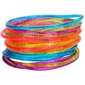 a stack of colorful plastic hula hoops are piled on top of each other. the hoops are a variety of colors including blue, orange, yellow, green, and pink and they have glitter inside of them.