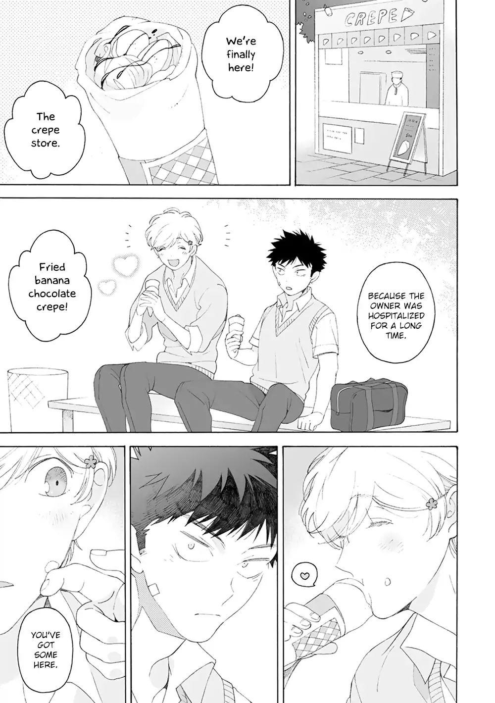 the image is a mangastyle illustration depicting a heartwarming story. it features several panels showcasing two young male characters. the story begins with the two boys arriving at a crepe store, which was previously closed due to the owner's hospitalization. they order fried banana chocolate crepes and share a sweet moment.  the art style is simple and clean, with a focus on the characters' expressions and interactions. the grayscale color scheme emphasizes the emotional tone of the scene. the panels cleverly transition between the present moment at the crepe shop and a flashback suggesting a significant time apart. the overall mood is tender and lighthearted, hinting at a budding or rekindled relationship between the two main characters.