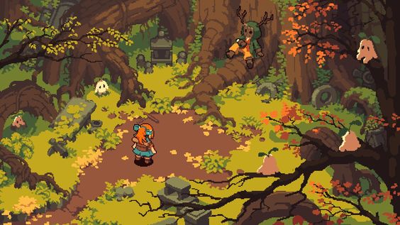 a pixel art image of a girl with orange hair and blue clothes standing on a path in a forest. the path is covered in fallen leaves. there are ruins of buildings and statues in the forest. the trees are tall and have thick trunks. the leaves on the trees are green, orange, and yellow. the lighting is bright and sunny. there is a creature with antlers sitting on a tree branch above the girl. the overall atmosphere of the image is magical and whimsical.