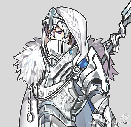 this is a drawing of an anime character, a male knight in silver armor. he is wearing a white hooded cloak and holding a sword. he has blue eyes and purple hair.  his face is partially obscured by a white mask.  the character is depicted from the shoulders up.  the background is a simple gray.