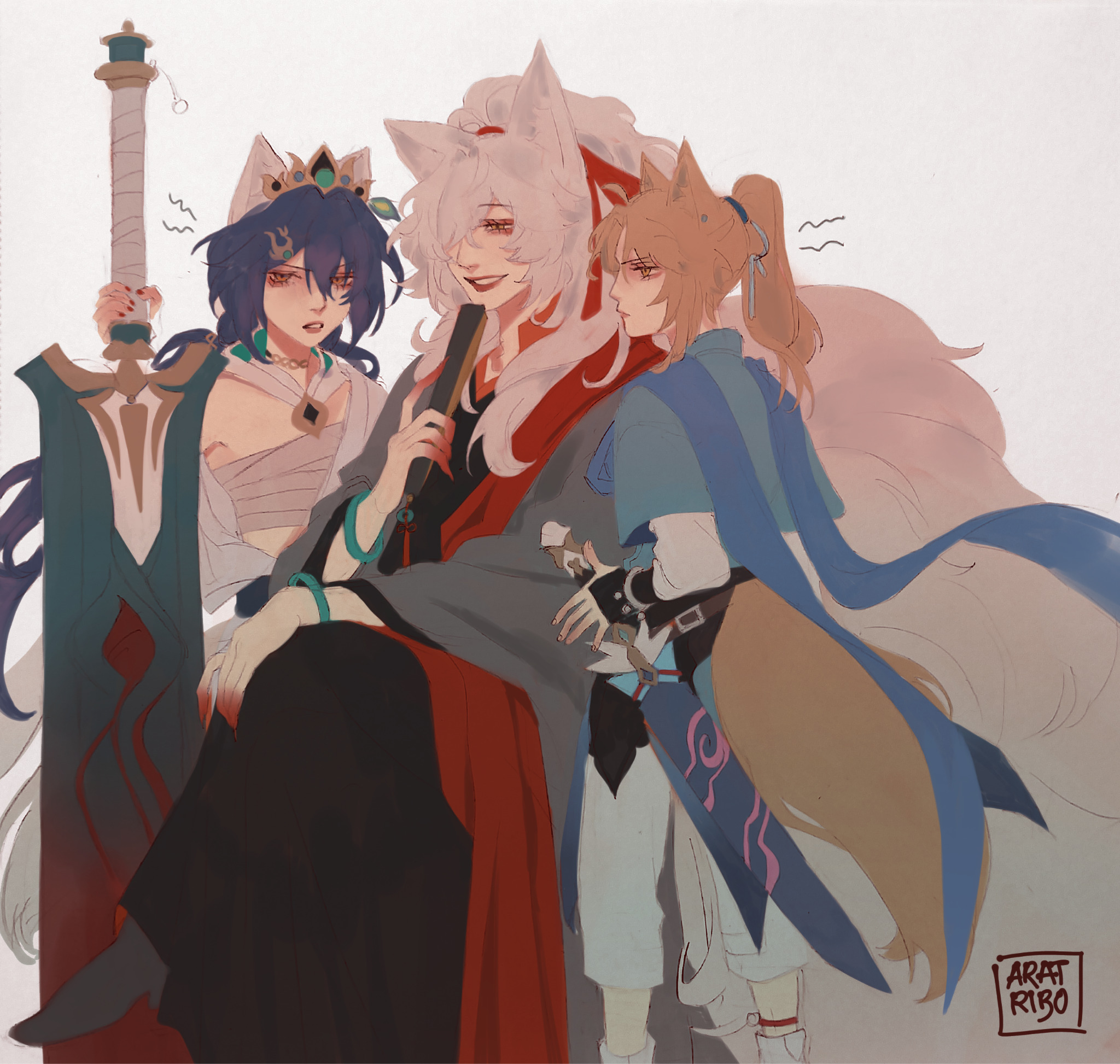 the image is a digital illustration depicting three anime characters. the characters are all drawn in a cartoon style, with large eyes and exaggerated features. the character in the center is a male character with long white hair and a pink kimono. he is holding a sword and smiling. to his left is a female character with blue hair and a white kimono. she is holding a sword as well. to the right of the center character is a female character with long pink hair, wearing a blue and white kimono, and is holding a sword. the characters are all standing in a group, and the background is a simple white backdrop. the image is drawn in a vibrant and colorful style, and the characters are all drawn in a detailed and expressive manner. overall, the image is a lighthearted and cheerful depiction of a group of anime characters.