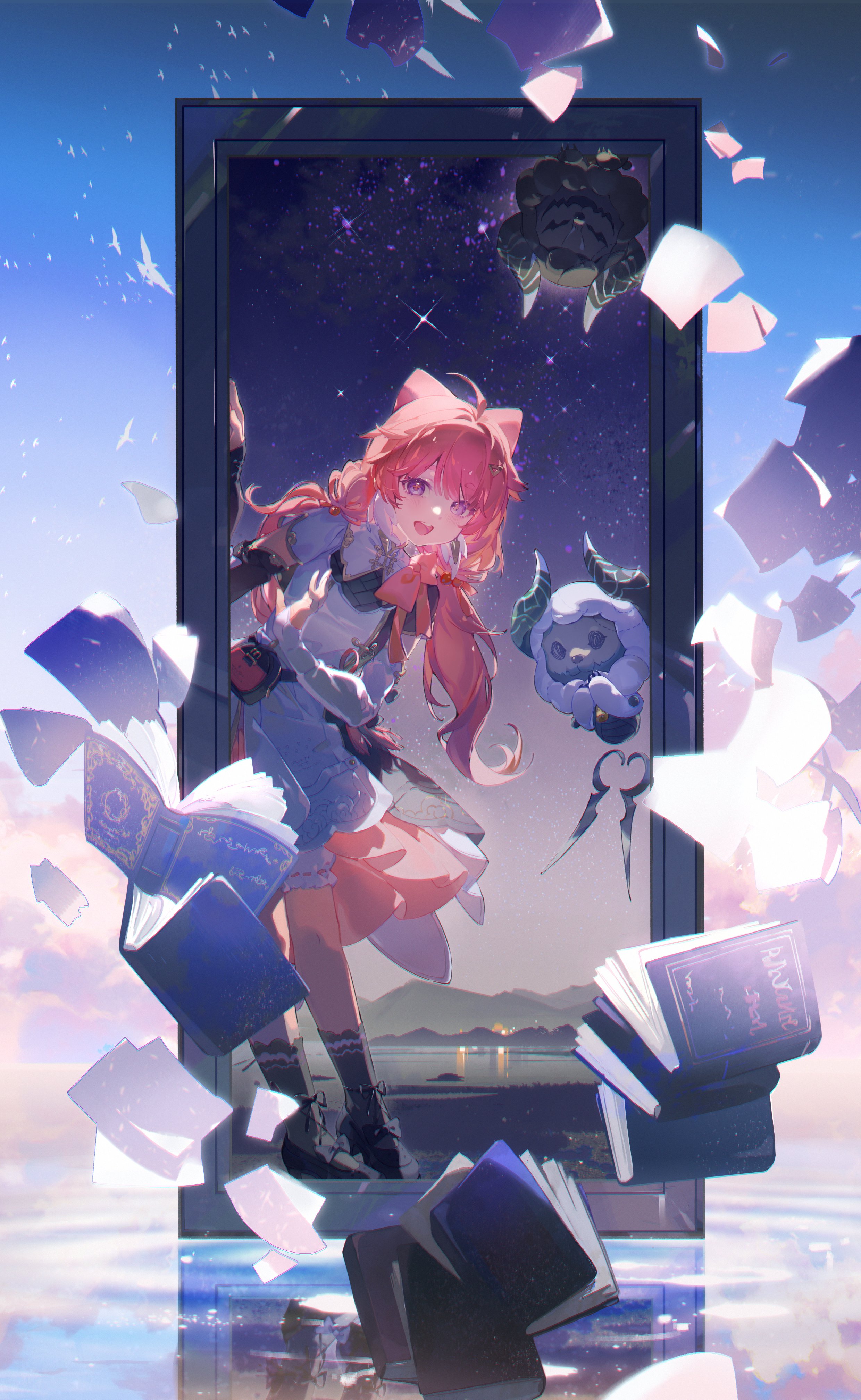the image is a digital painting of an animestyle girl with long, pink hair. she is wearing a light pink and white dress and has cat ears on her head. she is surrounded by floating books and appears to be emerging from a frame or window. the background is a starry night scene with a calm body of water and distant mountains. there are also two small fantasy creatures, one resembling a sheep or lamb, the other a more shadowy figure. the overall mood is dreamy and whimsical, with a sense of magic and wonder.