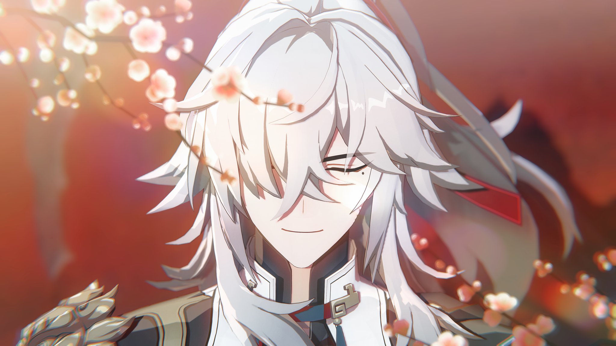 a closeup portrait of an anime character. he has white hair, red eyes, and is smiling. he is wearing a red and white outfit and is surrounded by pink and white flowers. the background is blurred.