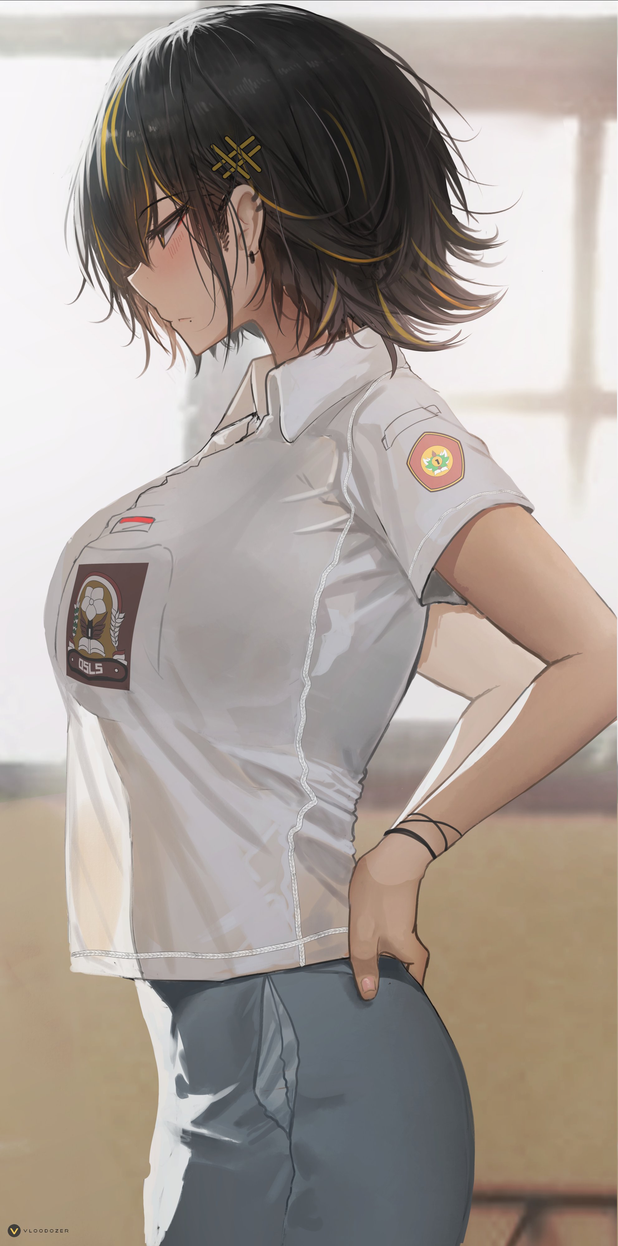the image shows a digital illustration of an animestyle girl. she has shoulderlength black hair with yellow highlights, is wearing glasses, and is blushing slightly. she's wearing a white school shirt with a grey skirt, which features an indonesian flag patch and a school badge. her posture suggests she's standing with one hand on her hip. the background is a soft, lightcolored room with hints of a window. the overall style is realistic and smooth, giving it a clean look.