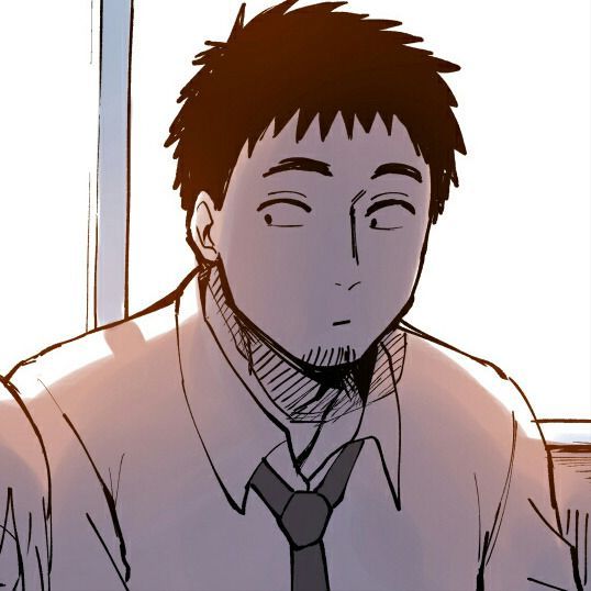 a young man with dark, spiky hair and stubble is pictured from the chest up. he is wearing a white buttondown shirt with a tie. he has a surprised expression on his face. the art style is manga or anime.