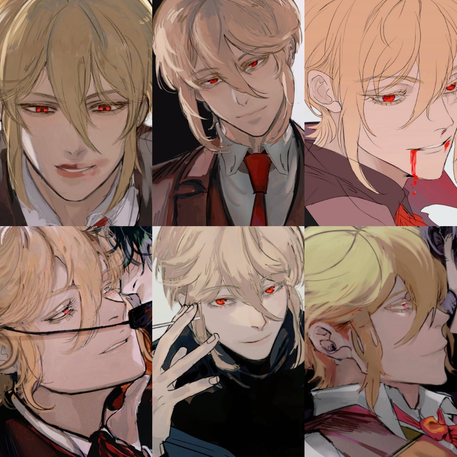 this image is a collage of six different portraits of a blondhaired anime male character with red eyes. each portrait shows him in a slightly different pose and expression, with some images showing him with blood on his face and some images showing him wearing a red tie. the artwork is done in a digital style and has a soft, stylized aesthetic.