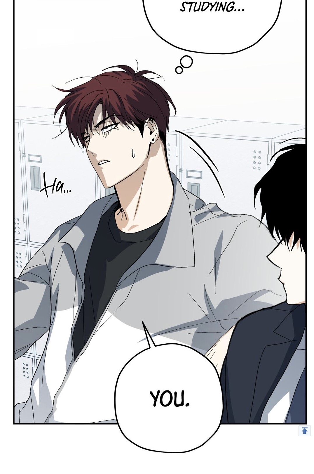 a closeup shot of a manga panel depicting two young men. the main focus is on the man with reddishbrown hair who appears tired and is leaning on the shoulder of the other man.  they're in a school hallway near lockers. speech bubbles indicate they are studying and one man is saying "you". the overall style is clean and modern, typical of manhwa art. the color palette is muted, using mostly shades of grey and white, with accents of dark hair and black clothing.