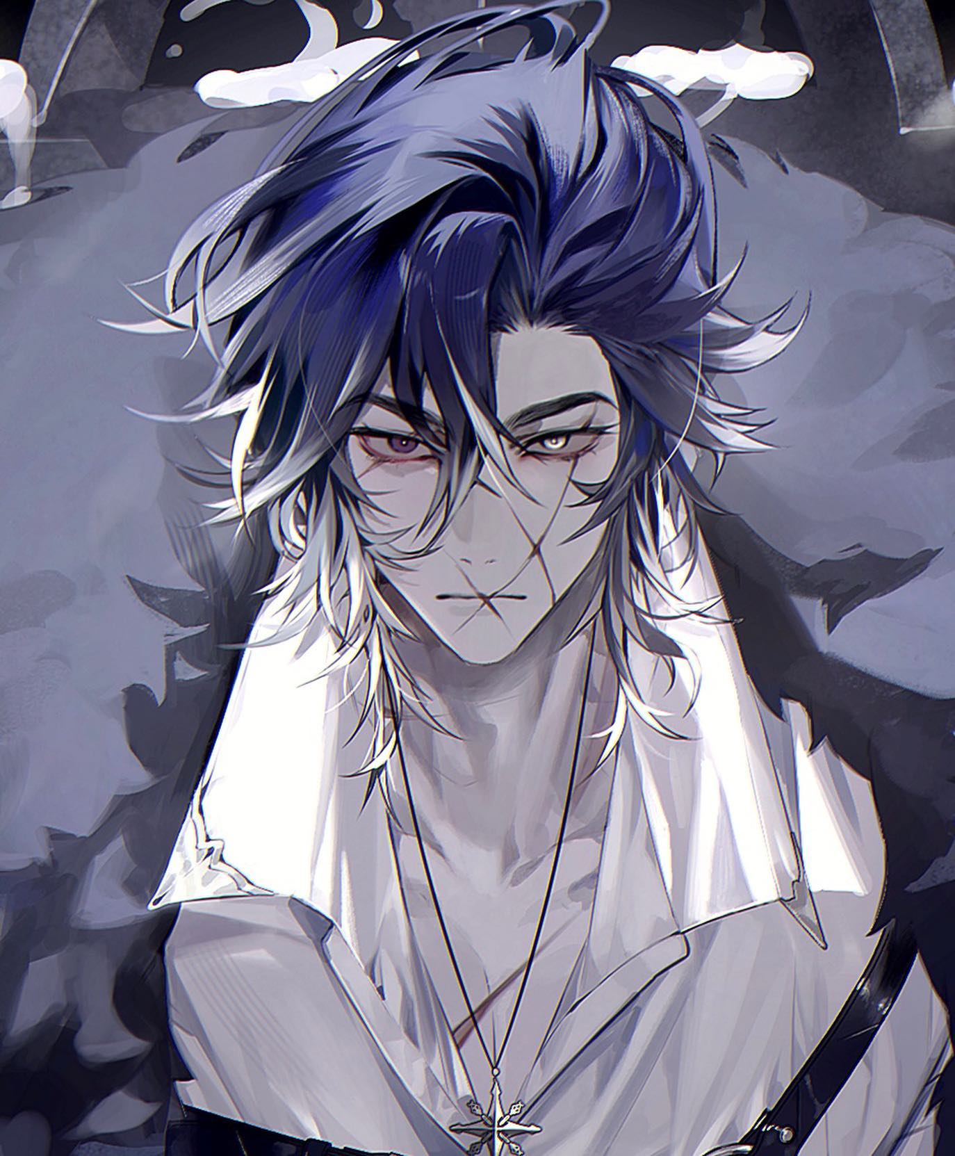 the image is a digital illustration of an animestyle young man. he has long, dark purple hair with lighter strands near his face, styled messily yet elegantly. he possesses pale skin and a prominent scar across his cheek. he's dressed in a loose, white collared shirt with a dark leather strap visible across his shoulder. a simple necklace with a starshaped pendant hangs around his neck.  his expression is serious and somewhat brooding, contributing to a mysterious and slightly melancholic overall mood. the background is dark and blurry, drawing focus to the figure in the foreground. the style of the art leans towards a dark and slightly monochrome aesthetic, with a focus on shading and texture.