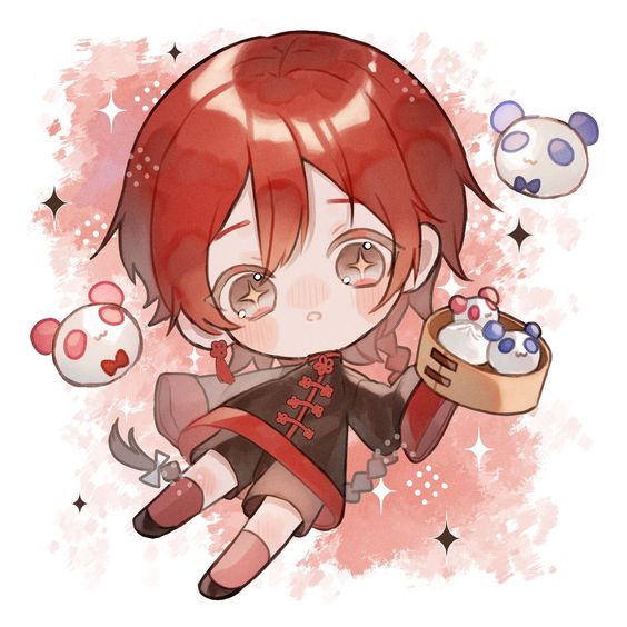 a chibistyle illustration of a young boy with vibrant red hair and sparkling eyes. he's dressed in a stylish, modified black and red chinese outfit, accented with gold details. he floats playfully against a soft pink background speckled with white stars, holding a bamboo steamer basket filled with adorable pandashaped dumplings. additional panda dumplings surround him, adding to the charming and whimsical atmosphere.