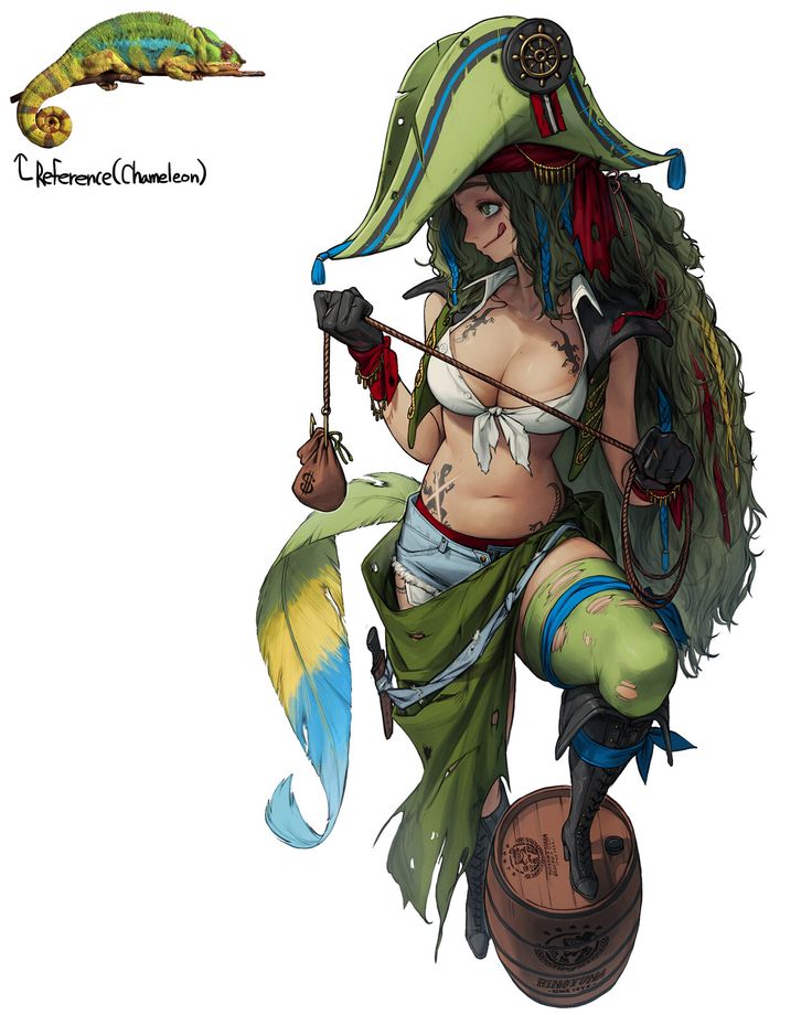 an anime girl pirate with green hair, green eyes, and a big green hat with a red bandana. she is wearing a green and blue outfit with a sword and dagger on her belt, and is holding a whip in her right hand. she has a money bag tied to the end of the whip. she is standing on a wooden barrel and has a mischievous look on her face.