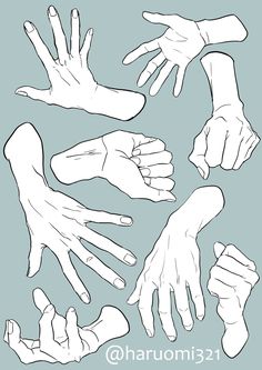 the image is a sketch showing nine different hand poses in different perspectives.