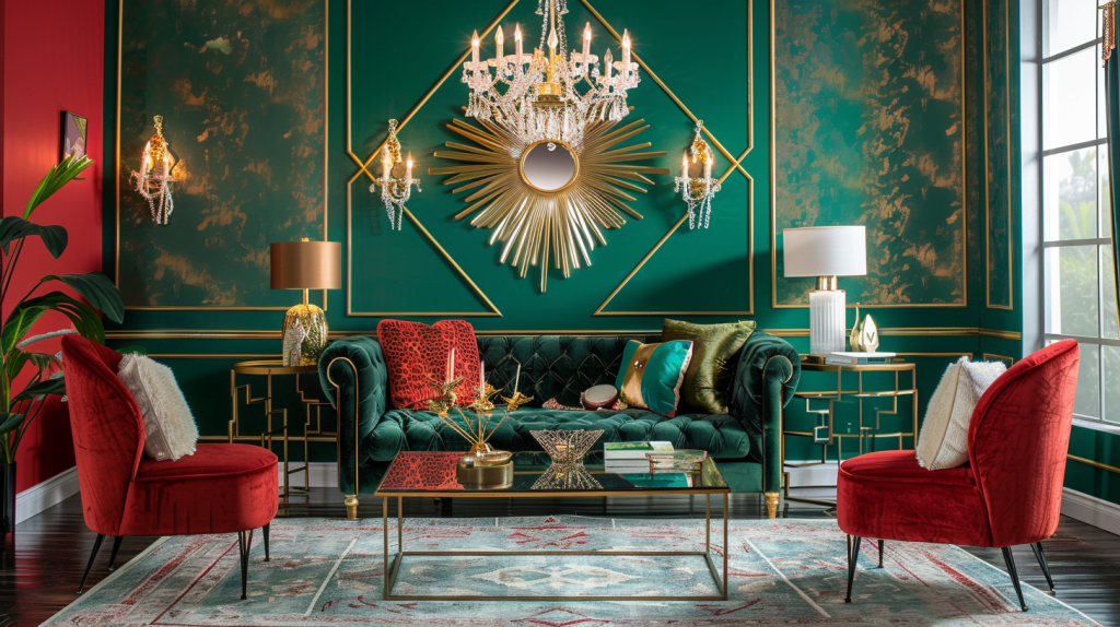this image shows a living room with a tufted green velvet sofa and two red velvet chairs. the room is decorated with gold accents, including a sunburst mirror, a chandelier, lamps, and coffee table. there is a rug on the floor with green and red patterns. the walls are painted a deep green with gold trim and have marblelike texture. the windows have gold drapery. the overall style of the room is elegant and luxurious.