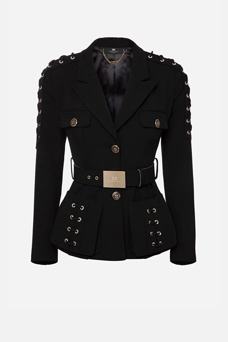 a black elisabetta franchi blazer is presented on a white background. the blazer features gold buttons and a decorative gold chain inside the collar. a black belt with a gold buckle cinches the waist, and the lower portion of the blazer has decorative laceup detailing. the blazer has a fitted silhouette and is styled in a classic, elegant style.