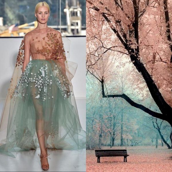 the image is a split composition showcasing a high fashion model wearing a beautiful, intricate gown. the dress features layers of tulle, delicate floral embroidery, and a hint of lace. the model is posed on a runway or stage, creating a dramatic and elegant presentation. on the right side of the image, a scenic park scene is featured. a large tree with pink blossoms, a bench, and colorful fallen leaves create a charming and autumnal atmosphere. the juxtaposition of fashion and nature creates a unique and artistic piece.