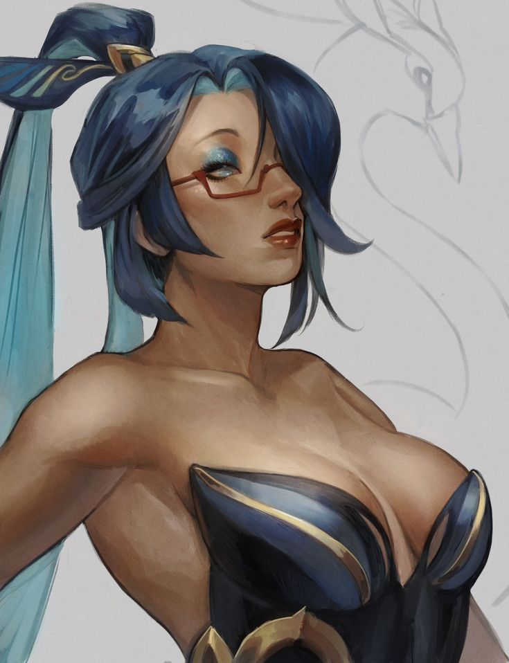 a digital painting of a woman with long teal hair pulled back into a ponytail. she's wearing redrimmed glasses and a dark blue strapless corsetstyle dress with gold accents. her expression is confident and her makeup is noticeable. in the background, a sketch of a peacock is visible, suggesting the work is in progress. the style is reminiscent of fantasy art with anime influences. the woman's skin is tanned, and the detail in her features and clothing is wellrendered.