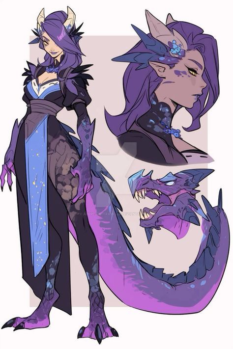 the image showcases a detailed character design of a female humanoid dragon.  the art is done in a digital painting style with a soft color palette dominated by purples and lavenders.  the piece includes three separate views of the character: a fullbody illustration showing the character in an elegant, dark purple gown with a dragon tail, a closeup profile view of the character's head, and a closeup of the dragon's head and neck, showing sharp teeth and scales. the character has purple hair, horns, and scales integrated into her body. the overall style is fantasybased and could easily be adapted for a game or other media.