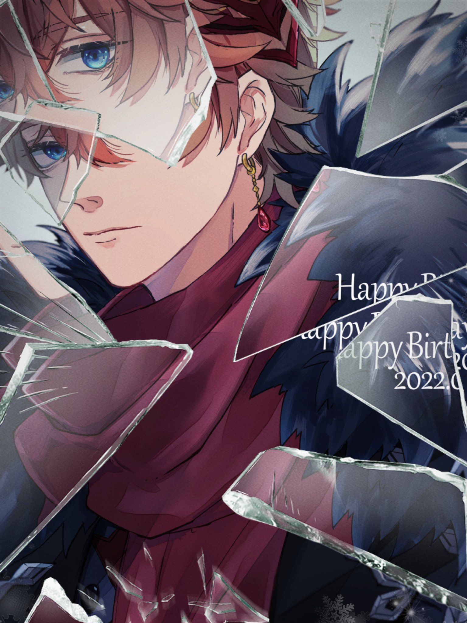 the image is a digital illustration of a young man with brown hair, blue eyes, and a sad expression. he is dressed in a dark suit and a red scarf, and he is surrounded by broken glass shards. the text "happy birthday 2022" is written in the upper right corner of the image. the overall theme of the image is sadness, loneliness, and vulnerability. the man appears to be grieving the loss of someone or something, and the broken glass symbolizes the pain and brokenness that he is feeling. the image is welldrawn, and the colors are striking. the use of light and shadow is effective, and the overall composition is pleasing to the eye. the artwork is a powerful visual representation of grief and loss.