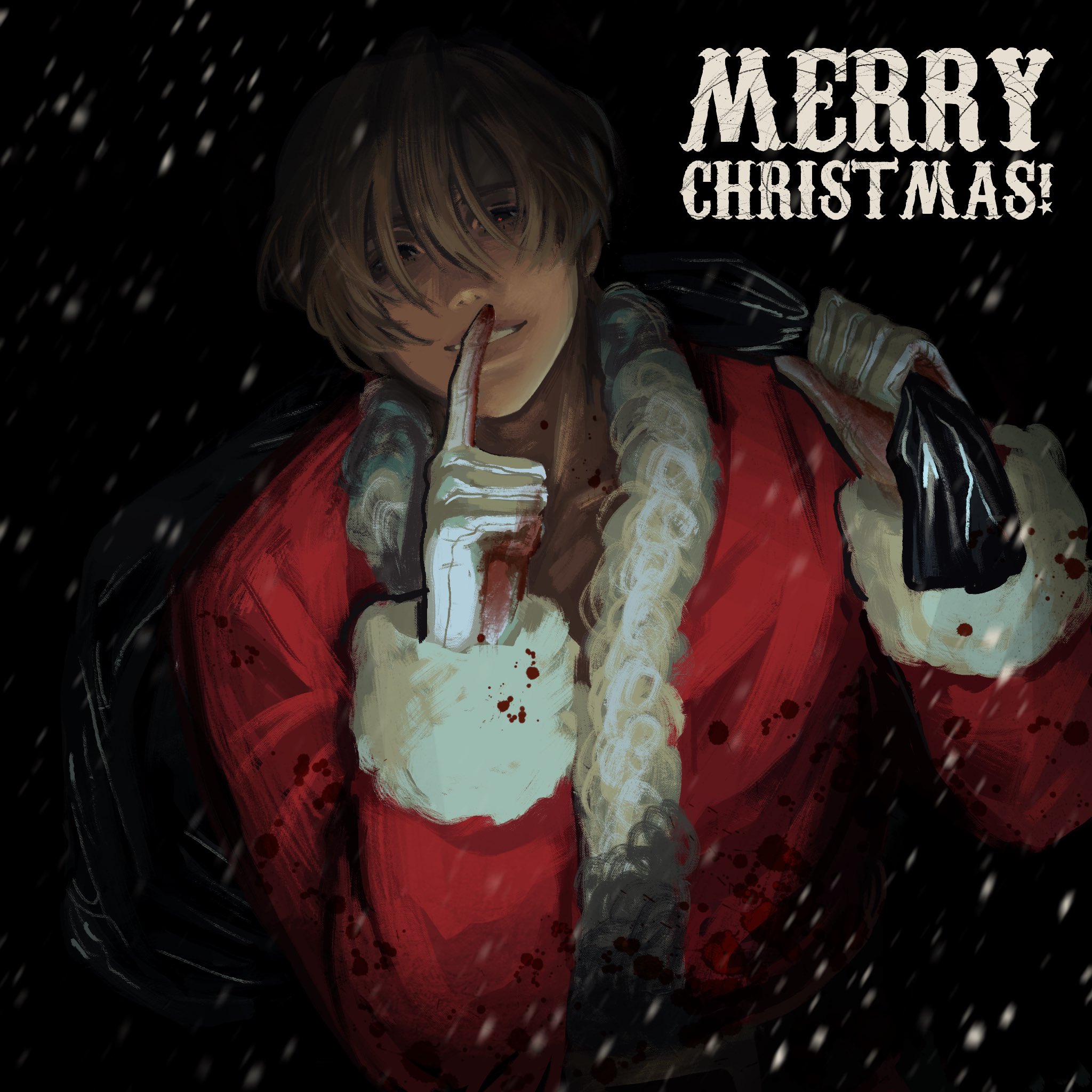 a man dressed as santa claus with blood on his face and gloves, is holding a black bag over his shoulder and placing his finger over his lips. the background is dark with snow falling. the text "merry christmas!" is written in the upper right corner of the image.