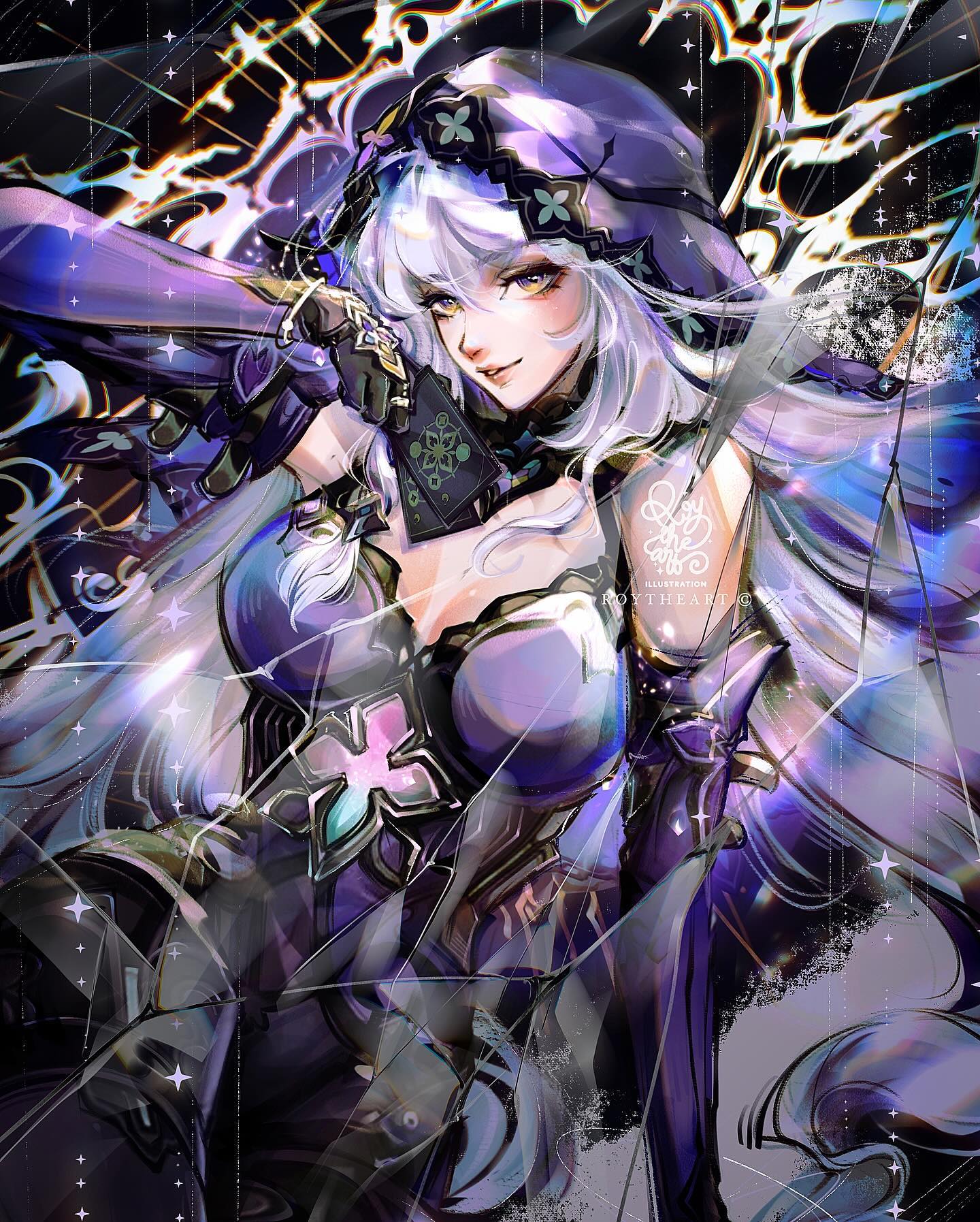 the image is a digital painting or illustration of a beautiful animestyle female character. she has long, flowing white hair, and is wearing an elaborate purple and darktoned outfit that seems to be a mix of clothing and armor.  she's hooded and holds what appears to be a card. her expression is confident and slightly sly. the artwork is highly detailed, with intricate designs on her clothing and accessories, and a background filled with glitter and starlike effects. the overall style is dark, mystical, and ethereal, giving a sense of fantasy and magic. the artist's signature, "roytheart," is visible.