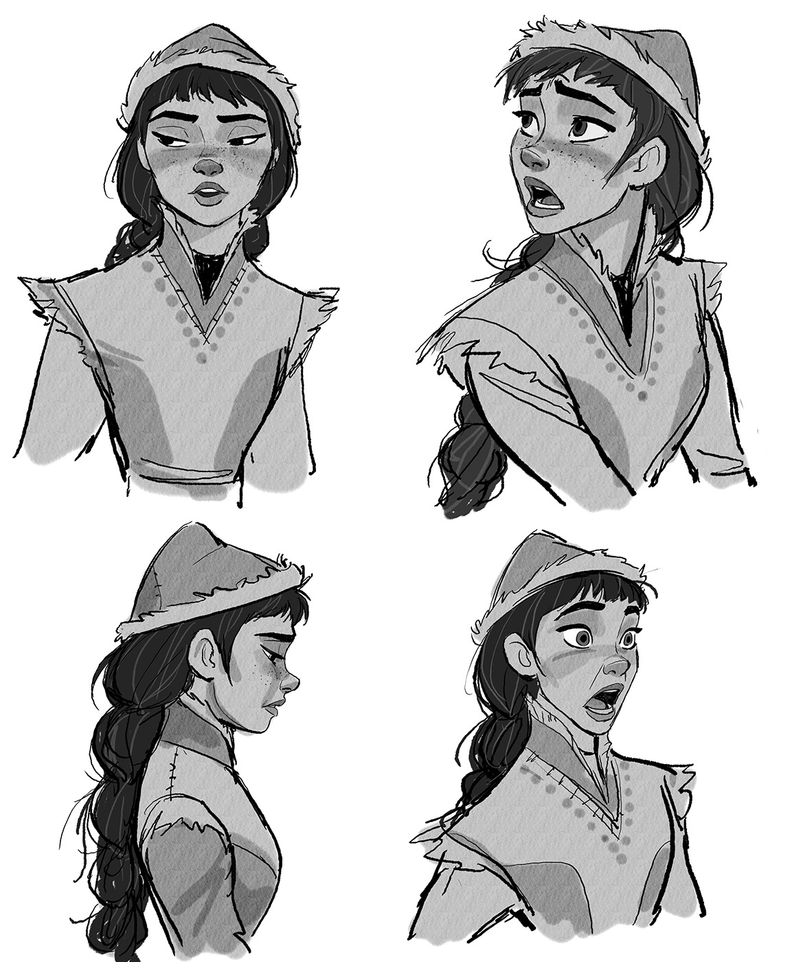four sketches of the same young woman with varying facial expressions.  she is wearing the same outfit in each, a simple tunicstyle top with a wide collar and a brimmed hat.  her hair is pulled back in a braid over one shoulder.  the style of the artwork suggests it may be for animation.