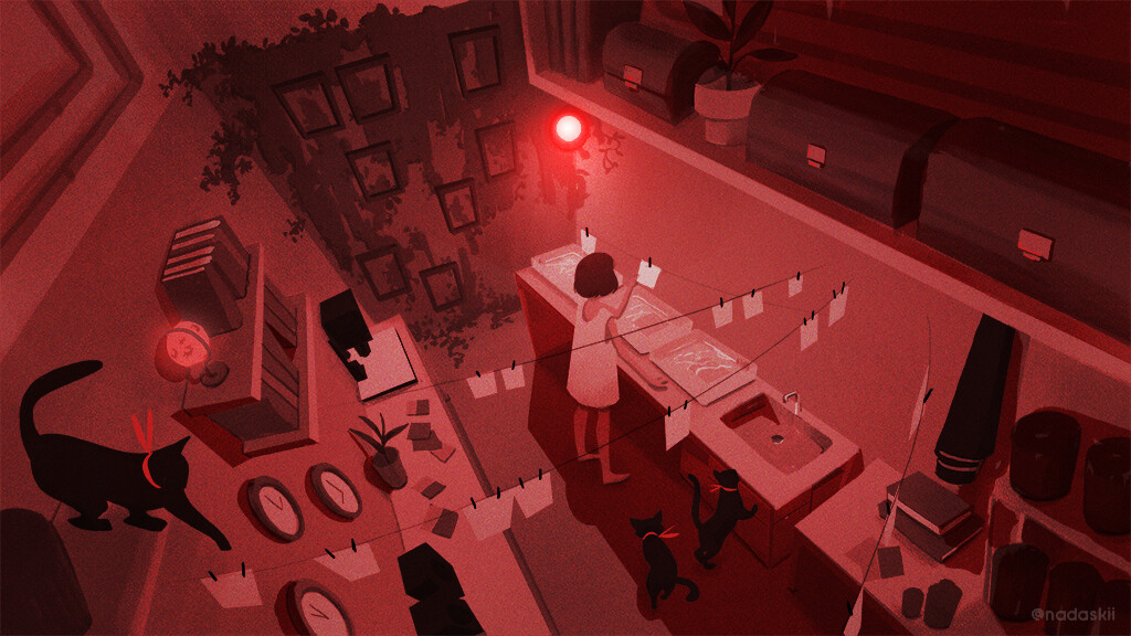a woman is working in a darkroom. the room is lit with a red light. she is developing photos in a sink. there are two cats in the room. one is black and the other is brown. the woman is wearing a white dress.