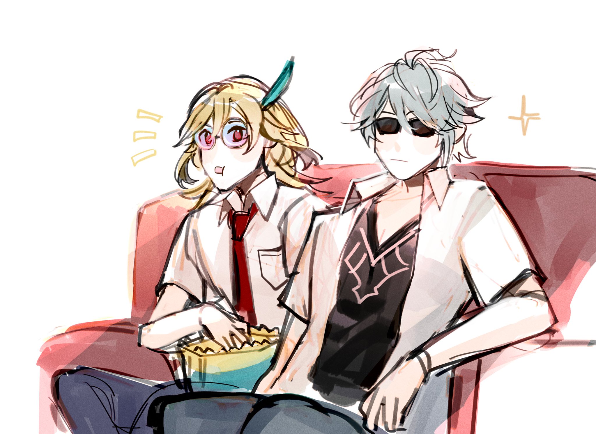 the image is a cartoon drawing of two anime characters. the characters are sitting on a red couch in a movie theater setting. they are watching a movie, and one character is wearing glasses and holding a bucket of popcorn. the other character is wearing sunglasses.