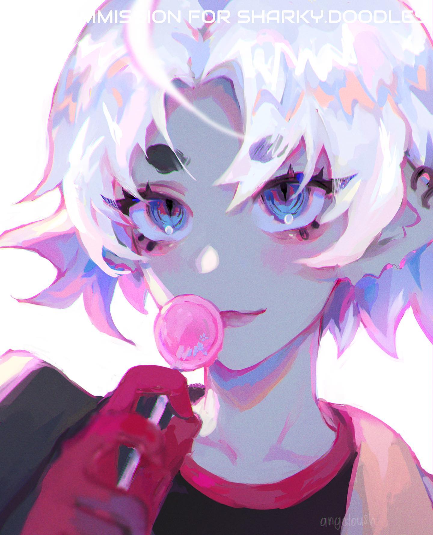 the image is a digital painting of an animestyle character. the character appears to be young, with short, slightly messy white and purple hair, large expressive blue eyes, and androgynous features. they're holding a pink lollipop near their mouth, wearing red gloves and a pink and darkcolored outfit. the art style is loose and painterly, with vibrant pastel colors and a dreamy atmosphere. the background is mostly white, and the artist's signature "angelika" is visible in the bottom right corner.  a watermark indicating it's a commission for "sharkey.doodle" is visible at the top.