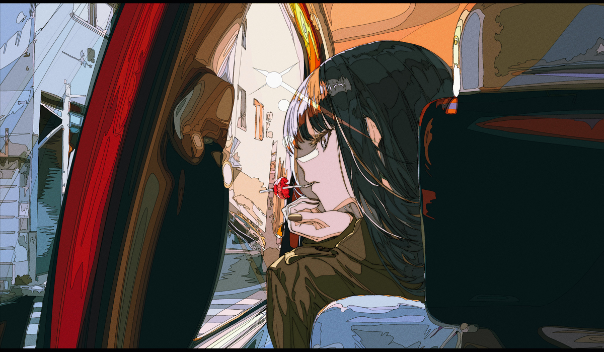 the image is a stylized illustration of an animestyle girl sitting in a car, looking out the window. she has long black hair, and is holding a lollipop. the setting is an urban street scene at sunset. the style is vibrant and detailed, with a blend of sharp lines and soft shading, mimicking a graphic novel or manga style. the focus is on the girl, with the city street acting as a backdrop to the scene.