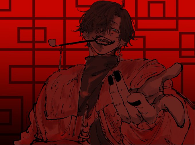 an anime character with black hair and blue eyes, grinning sinisterly. he's wearing a red jacket and has a long, thin pipe in his mouth. the background is a grid of red squares.