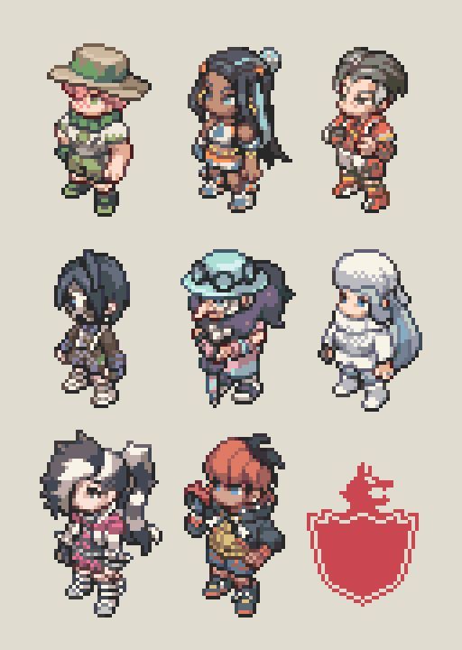 the image shows nine pixelated characters and a red badge. these are all characters from the pokemon sword and shield video games. from top left to right we have milo, nessa, kabu. the second row contains piers, gordie, and melony. the final row has marnie, bea, and a red badge.
