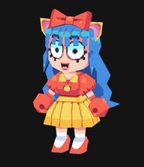 a 3d pixel art character of a young girl. she has blue hair with a red bow, exaggerated blue eyes, and a cheerful expression. she's wearing a red and yellow dress with white socks and red shoes. her hands are covered with orange boxing gloves. the character stands out against a black background.