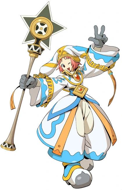 an anime girl mage with pink hair, wearing a white, blue, and yellow robe. she is holding a staff with a star on top. she is smiling and posing.