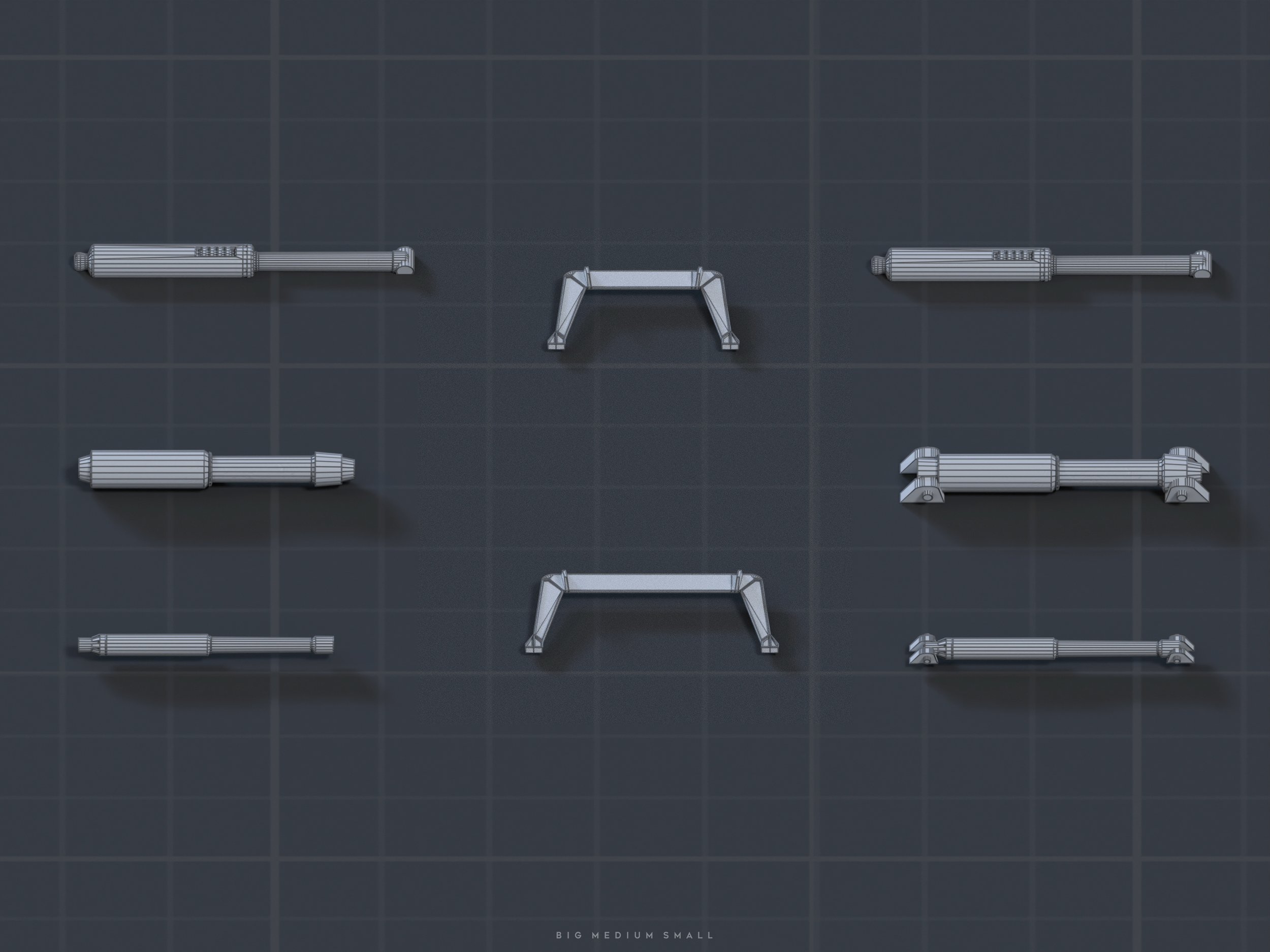 the image shows a set of nine 3d wireframe models of various mechanical parts, likely pistons or linear actuators, presented in an isometric view.  the models are arranged in a grid pattern.  three different sizes of the parts are shown: big, medium, and small.  there are three different orientations or configurations for each size, implying various mounting options or functional variations. the background is a dark gray grid, typical of a cad or engineering design program. the caption "big medium small" further clarifies the size differentiation of the parts.