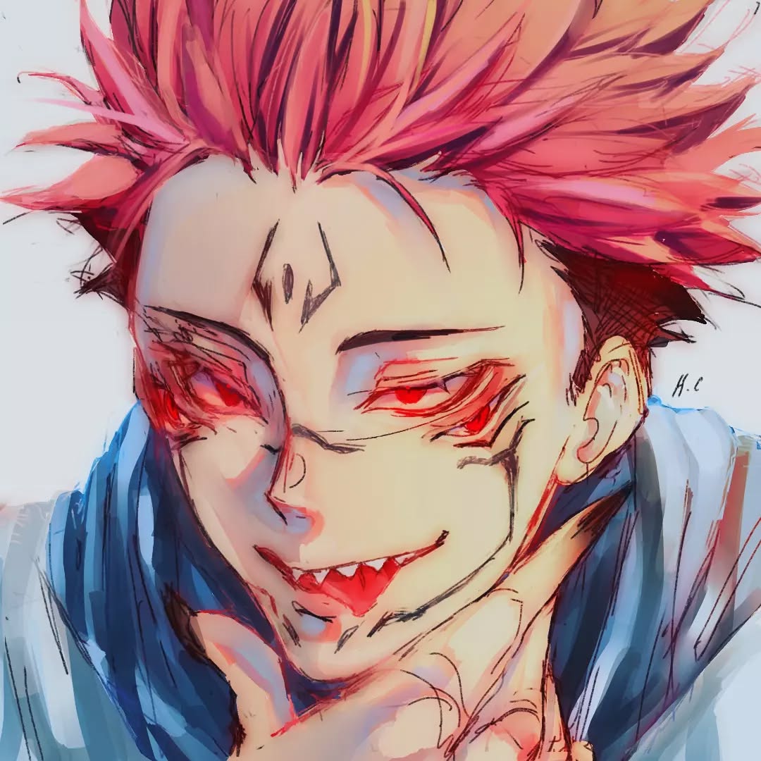 the image is a vibrant digital painting or fanart depicting a young male anime character. he has bright red, spiky hair, intense bloodred eyes, and a sharp, almost sinister smirk revealing pointed teeth. his expression is a blend of fierceness and amusement.  the art style is stylized and dynamic, with loose brushstrokes that give it a painterly feel. his skin tone is pale with red accents, and he wears a dark blue or gray hooded garment. the background is muted, drawing all attention to the character's face. the artist's signature, "h.c," is subtly placed in the upper right corner. the overall mood is dark, dramatic, and intense.