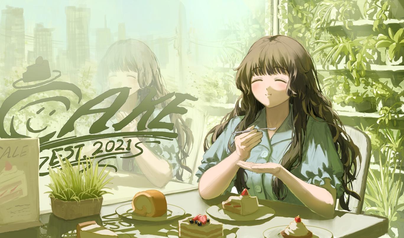 the image is a digital painting depicting an anime girl sitting at a cafe table, happily enjoying a piece of cake.  the cafe has a bright, airy atmosphere with large windows overlooking a city and a vertical garden wall filled with lush greenery.  the girl has long brown hair and is wearing a light blue shirt.  several different kinds of cakes and pastries are on the table in front of her, and a menu is visible on the table.  the cafe's logo, "cake est. 2021," is visible on the window.  a reflection of the girl is also seen in the window. the overall style is soft and charming, with a focus on warm lighting and pleasant colors.