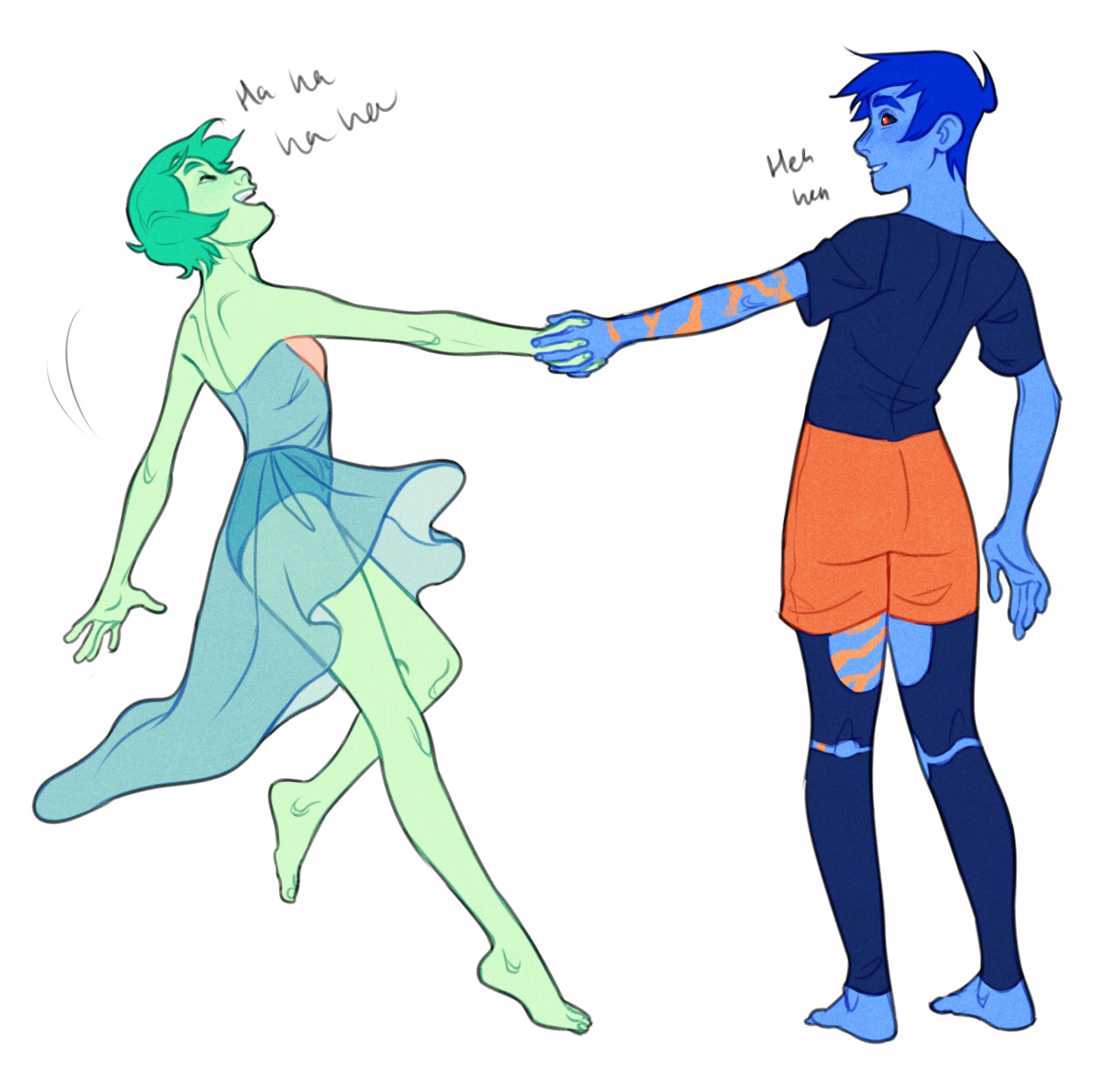 a line art illustration of two people dancing and holding hands. the person on the left has flowing green hair and is wearing a teal dress, while the person on the right has blue hair and is wearing a black shirt and orange shorts. both are barefoot. the overall style is whimsical and energetic.