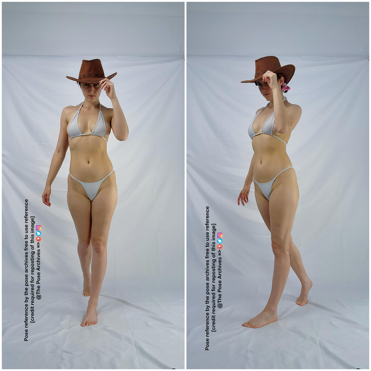 a young woman in a white bikini and brown cowboy hat is posing against a white background in two different stances. the image is a reference for artists.