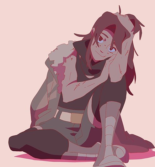a digital illustration of an anime girl with long brown hair sitting on a pink floor with her knees bent and her arms wrapped around her legs. she is smiling with her eyes closed. she is wearing a pink, white, and gray outfit. the background is a pale pink.