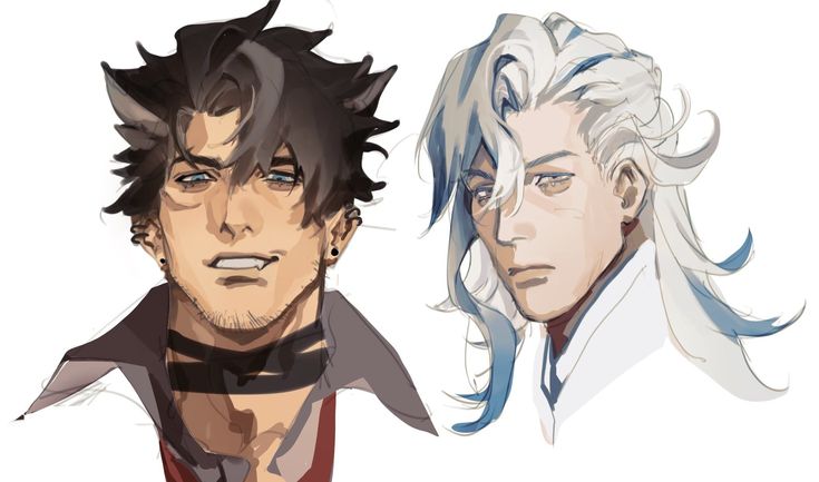 the image features a digital drawing of two anime characters, one with black hair and one with white hair. the male with black hair has blue eyes and a smirk on his face. he is wearing a black choker and a white shirt underneath a black jacket. his hair is styled in a short and spiky fashion. the male with white hair has brown eyes and a neutral expression. he is wearing a white shirt and his hair is long and flowing. both characters are drawn in a highly detailed and realistic style. the background of the image is a solid white.