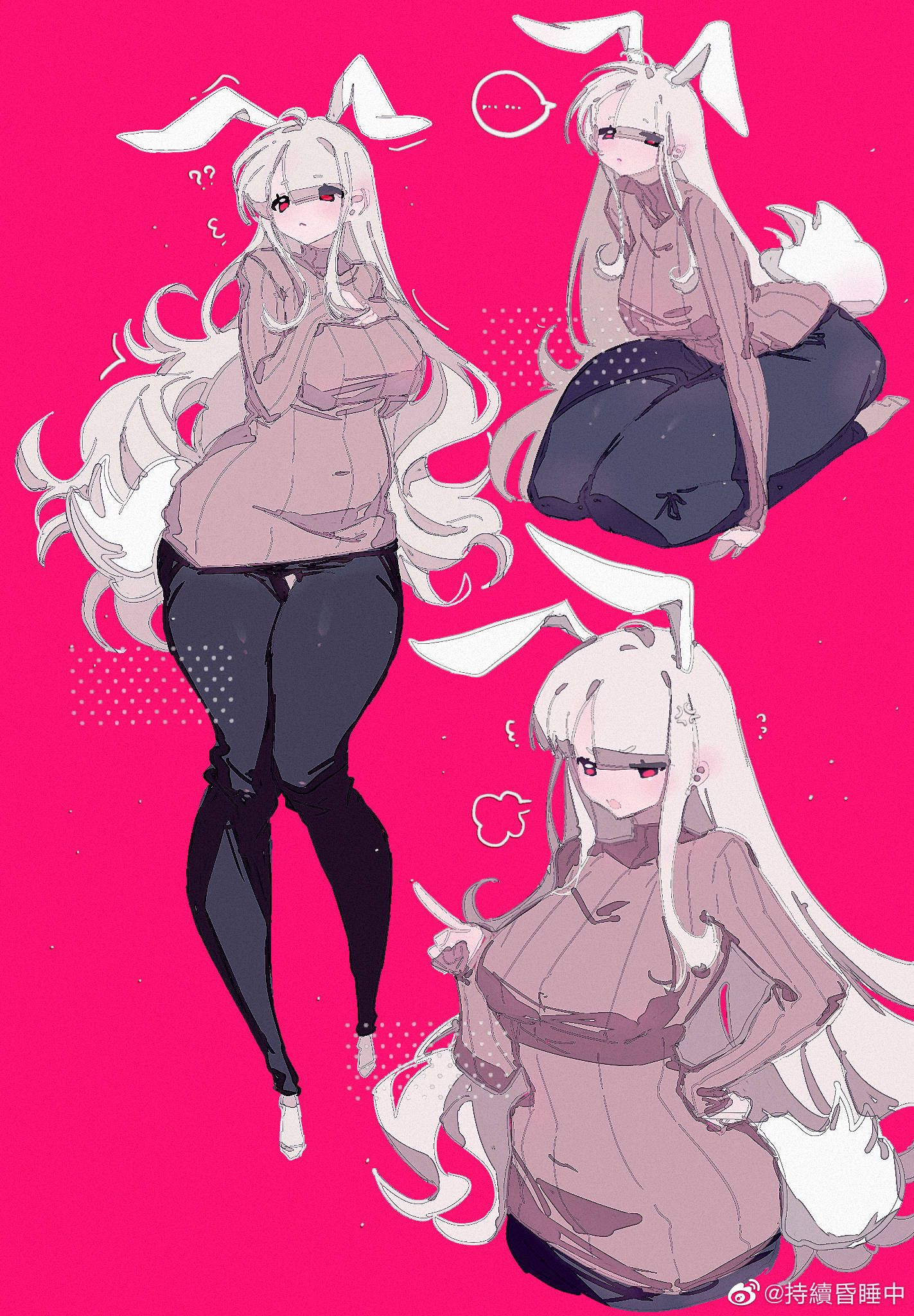 an animestyle illustration of a girl with long white hair styled with bunny ears. she is wearing a loosefitting beige turtleneck sweater and black leggings. the image showcases her in three different poses against a vibrant pink background.  she has a curious expression in the first pose, a relaxed demeanor in the second, and a slightly surprised look in the third.  the art style is defined by soft, sketchy lines and a focus on conveying the texture of the clothing.