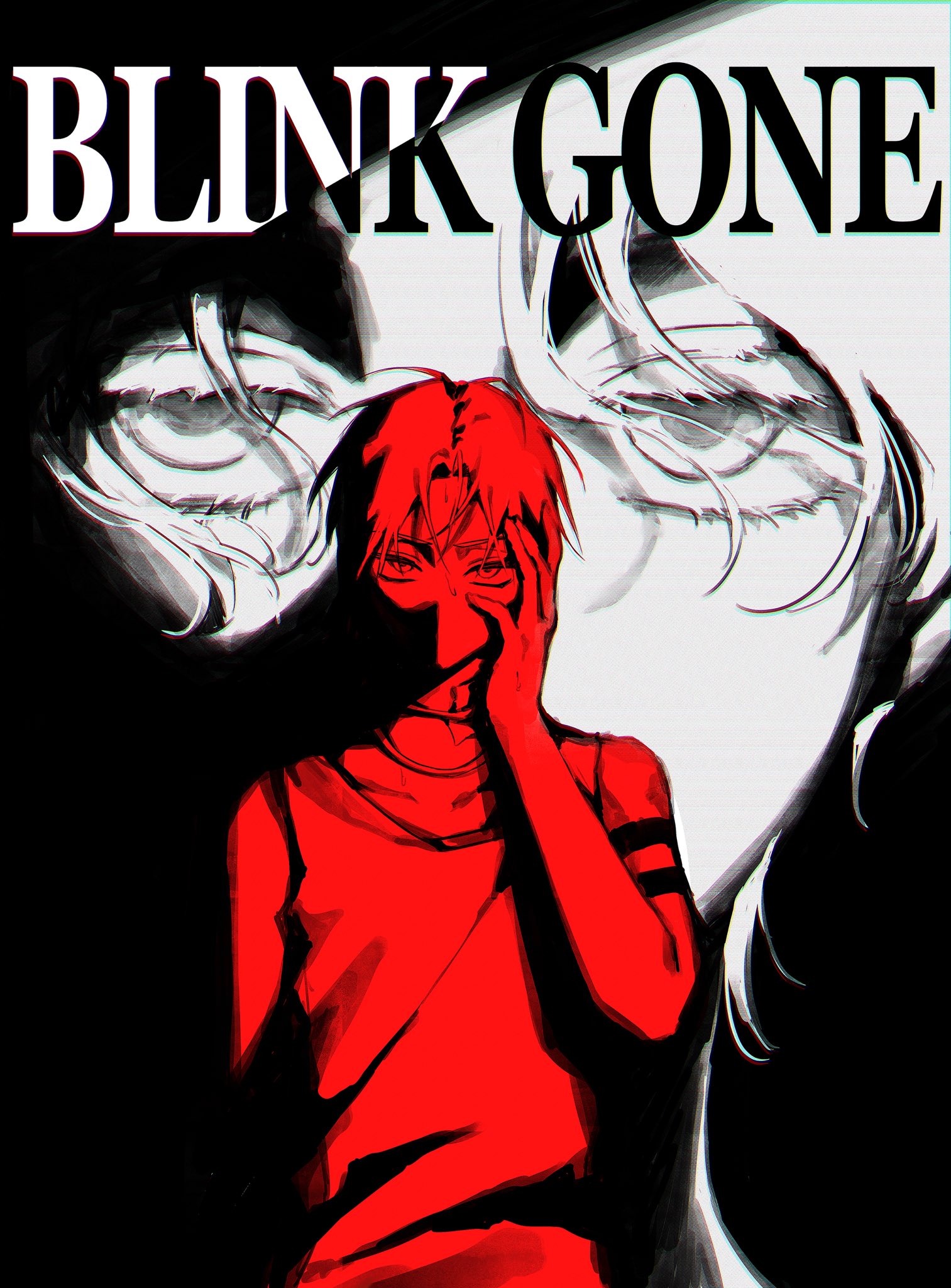 this is a digital art piece, that is in an anime or manga style. it features a young male character who is in the foreground of the image. he is wearing a red shirt and has his hand over his face and it looks like he is crying. there are other characters that are behind him that are not fully visible. his red skin and red clothes are in stark contrast to the black and white of the background. this is a sad and lonely image. the text "blink gone" is displayed across the top of the image.