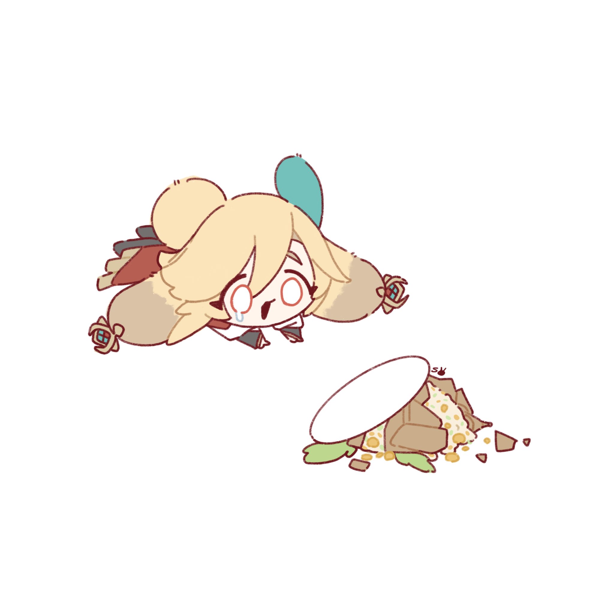 he image is a chibistyle drawing of a character that appears to be jean from genshin impact. she is lying on her stomach, looking upset, with a spilled container of gold or treasure beside her. the art style is soft and cute, with pastel colors and simple lines.