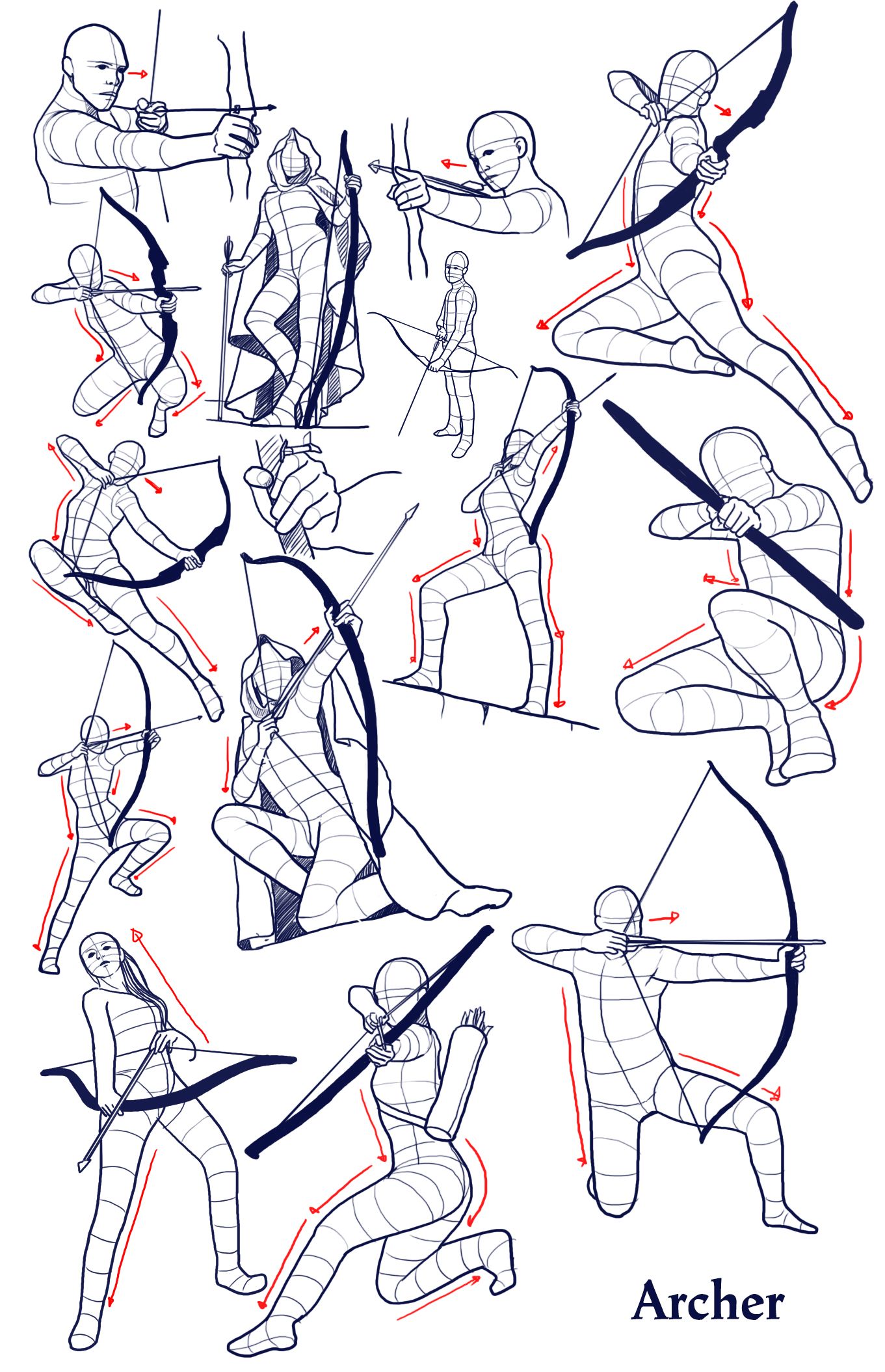 this is a collection of sketches of an archer from various angles and poses. it's a reference guide for artists learning to draw the human figure in action. each sketch highlights the archer's body mechanics and the dynamic relationship between the archer, the bow, and the arrow.