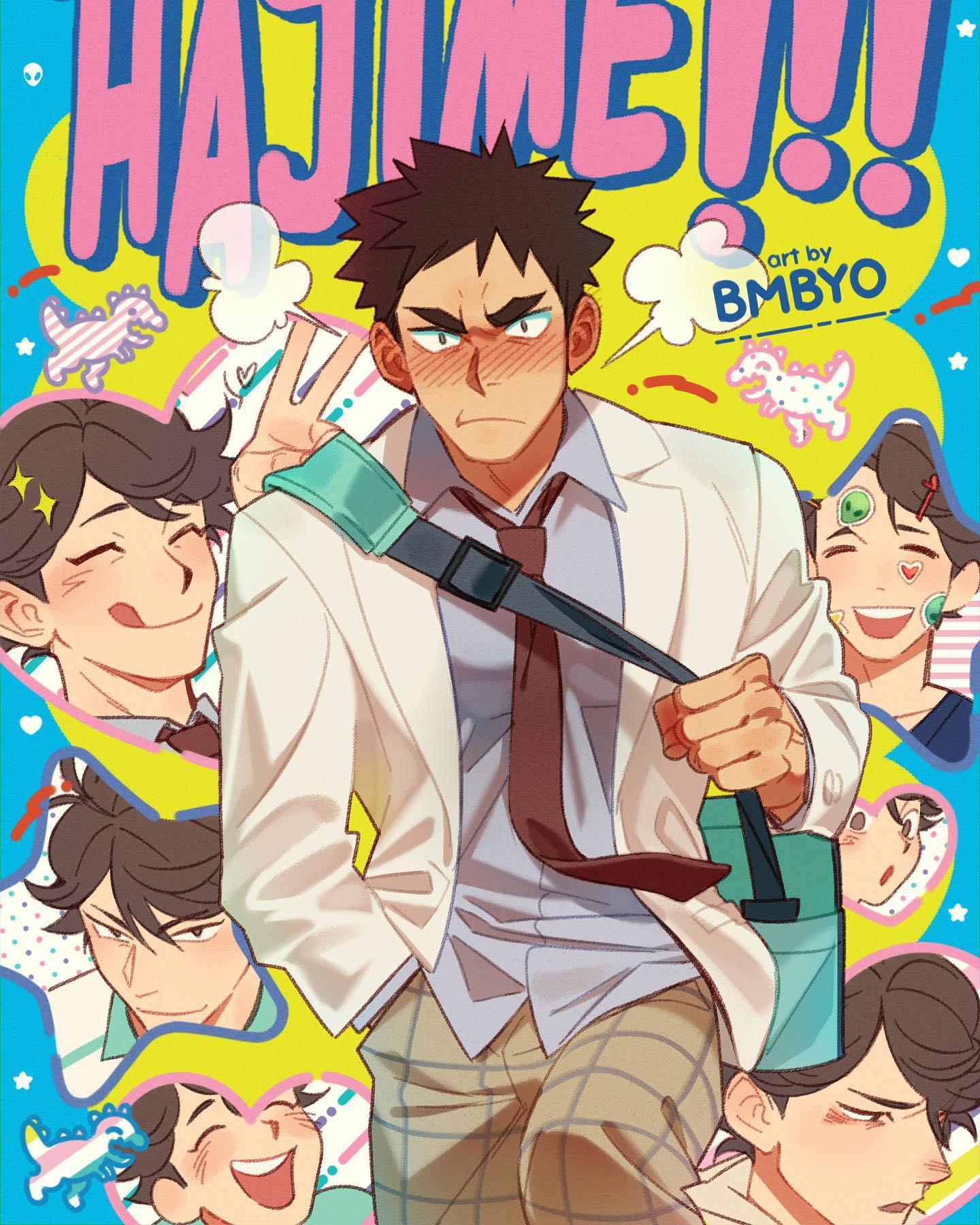 a vibrant and playful piece of fanart featuring oikawa tooru from haikyuu!! the style is chibiesque with exaggerated features and expressive poses. oikawa is depicted in a doctor's coat, with a playful peace sign, surrounded by smaller chibi versions of himself and other characters, all against a bright yellow background with pastelcolored accents. the overall mood is lighthearted and energetic.  the artwork is clearly labeled with the artist's tag "bmbyo".