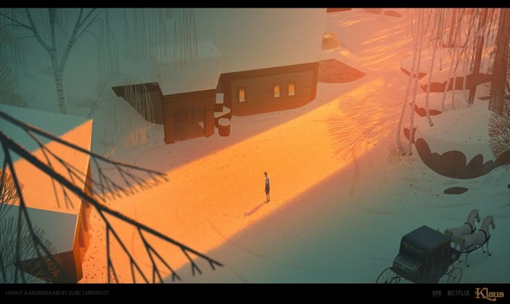 the image is a film still from the animated movie klaus on netflix. it shows a wintry landscape with snowcovered ground and a building with windows. a person stands in a beam of light. a carriage drawn by two horses is parked nearby. trees and branches are visible, casting shadows in the foreground. the overall scene evokes a sense of coldness and isolation, yet with a warm light illuminating the center.