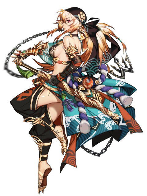 this illustration depicts a female anime character with a fierce expression, clad in elaborate samurai armor and a kimonolike robe. she holds a sword in her left hand and a chain in her right. the artwork showcases the character in a dynamic pose, suggesting action and combat. the vibrant colors and intricate details of the armor and clothing enhance the image's dynamic and fantastical aesthetic.
